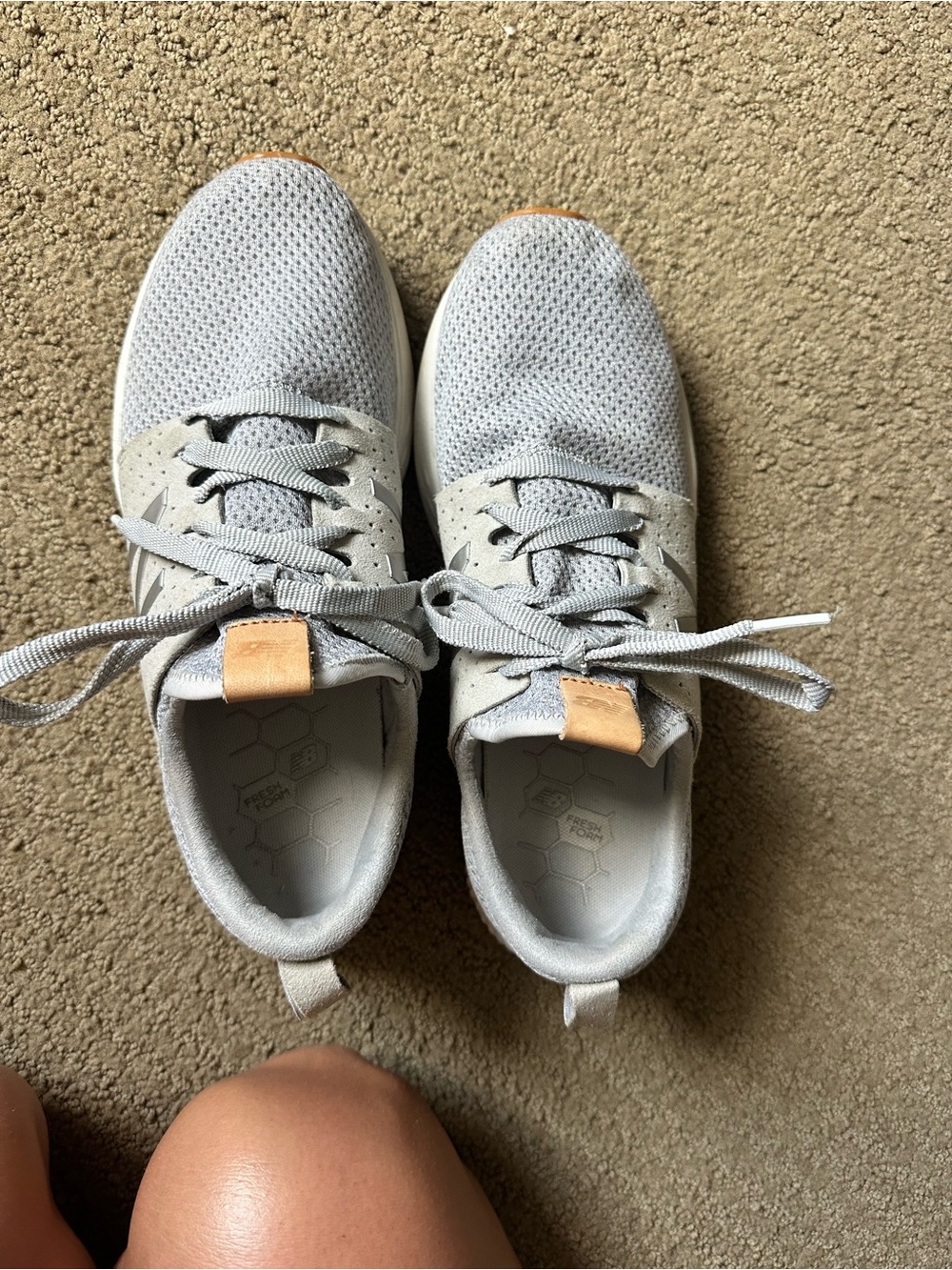 New Balance Light Gray Knit Sneakers with Tan Tongue Tab